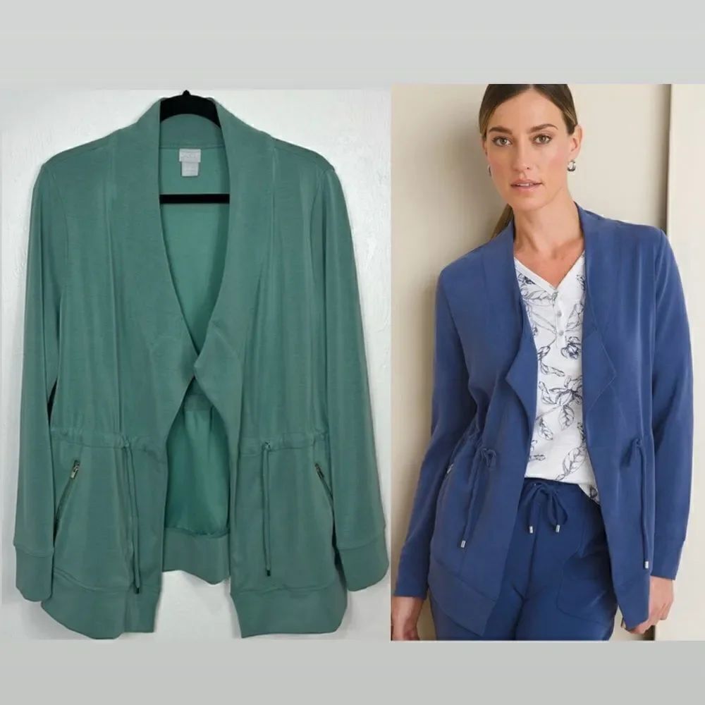 Chico’s Zenergy Sandwashed Draped Jacket In Frosted Teal Size L